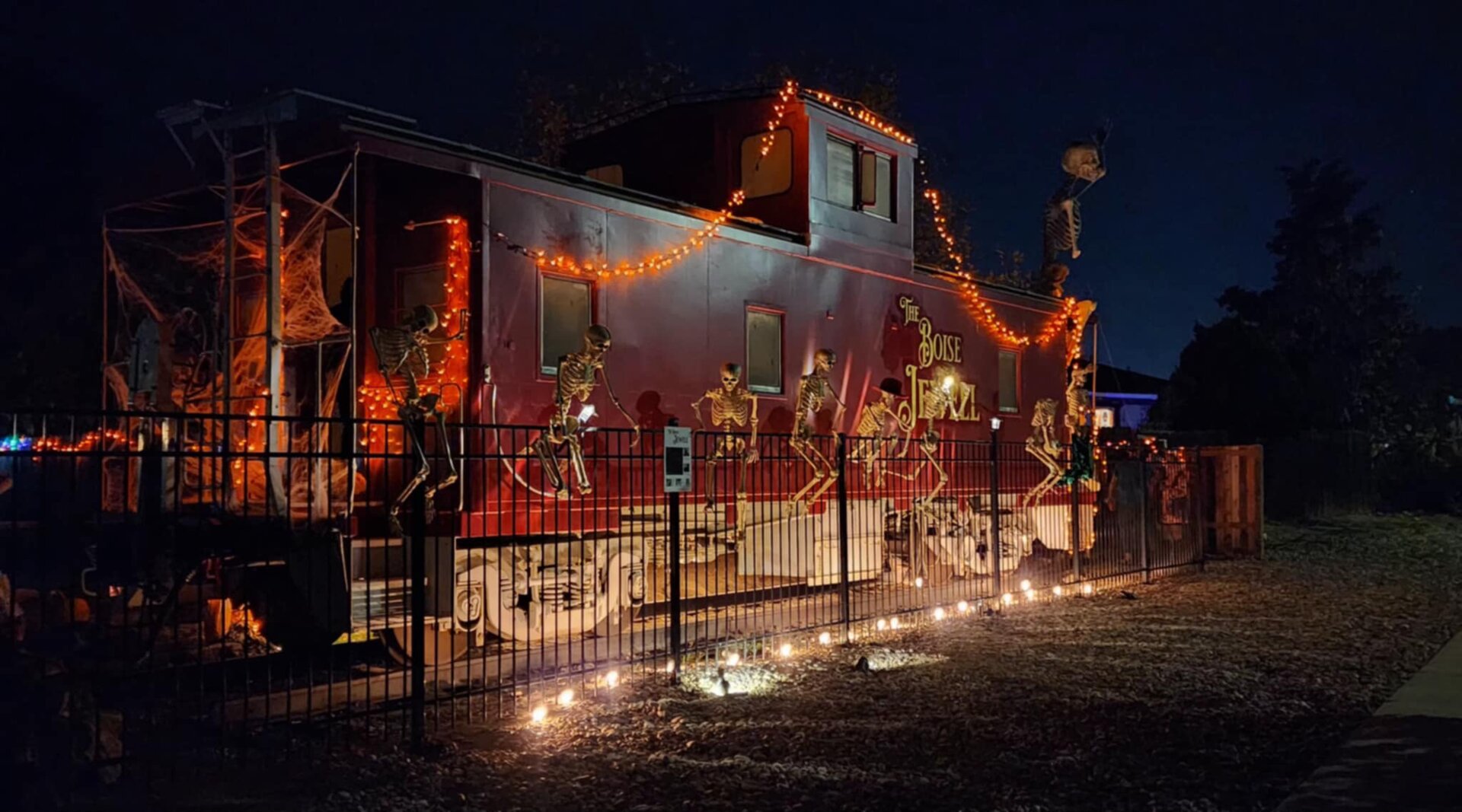 The Boise Jewell caboose at night