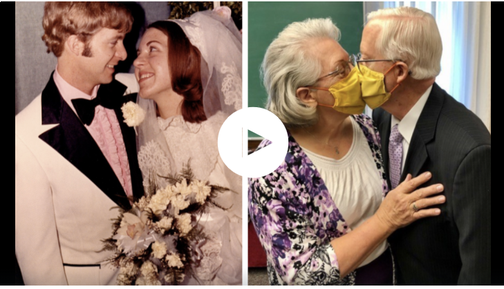 Chris and Sanna Montgomery at their 1972 wedding beside the two of them at their masked 2020 wedding